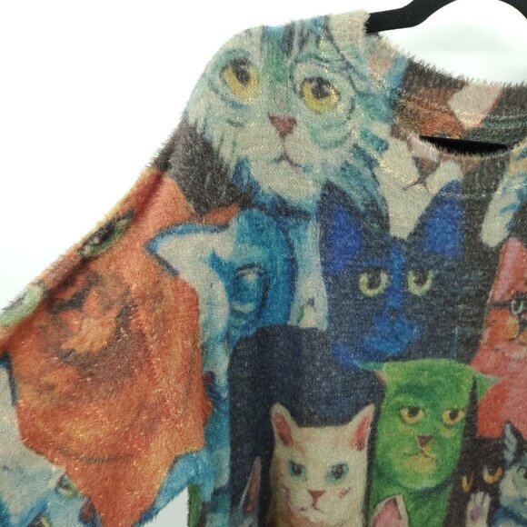 Cotton/Wool Oversized Cat Print Sweater OS Multicolor - Picture 5 of 16